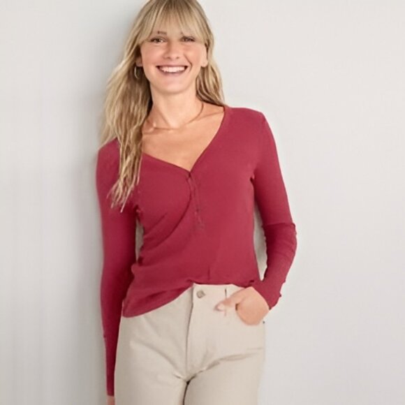 2/$30 Old Navy Fitted Long-Sleeve Rib-Knit Henley Top Burgundy XL #A0334 TRB2 - Picture 1 of 7